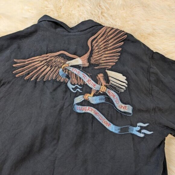 Harley-Davidson Other - Harley Davidson Short Sleeve 100% Silk Button Down Large Embroidered Graphic L